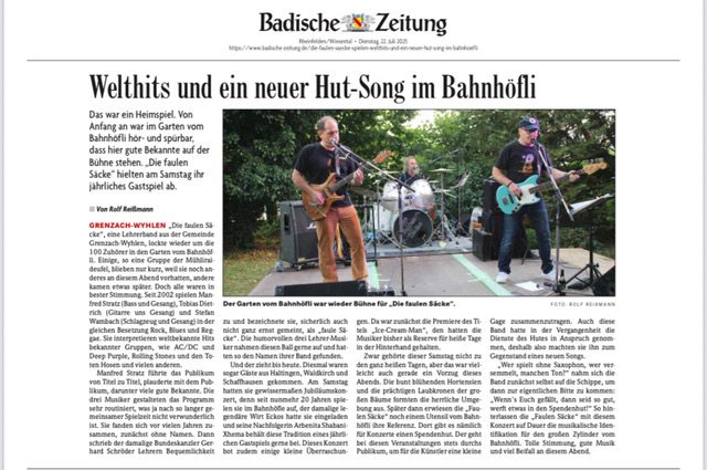 Zeitungsartikel der Badischen Zeitung: Welthits und ein neuer Hut-Song im Bahnhöfli