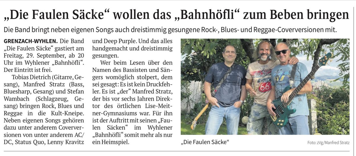 Zeitungsartikel: Die Faulen Säcke wollen das Bahnhöfli zum Beben bringen